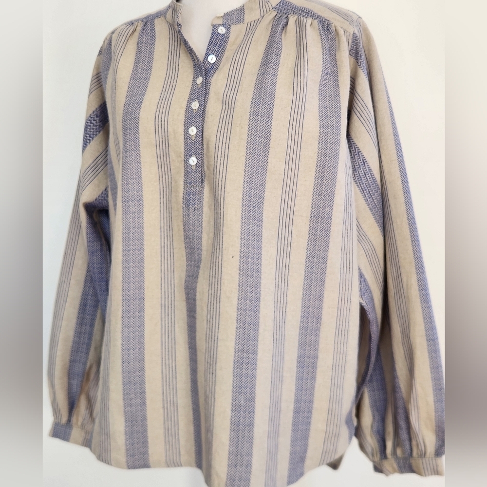 || VALIANTE || linen, henley, buttons, ¾ length sleeves, size xs, blue/tan